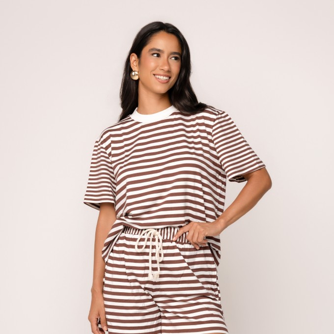 Blusa Malha Olívia Listrada Em Marrom