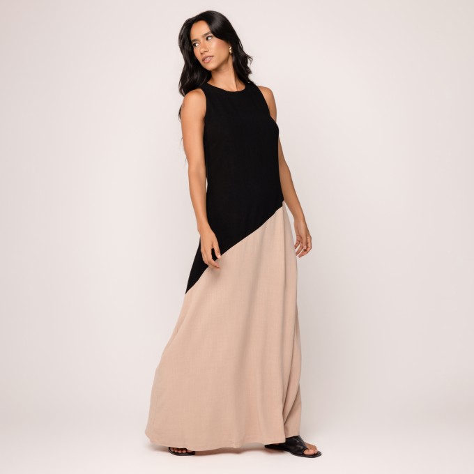 Vestido Bicolor Viscolinho Eva - PretO e Bege