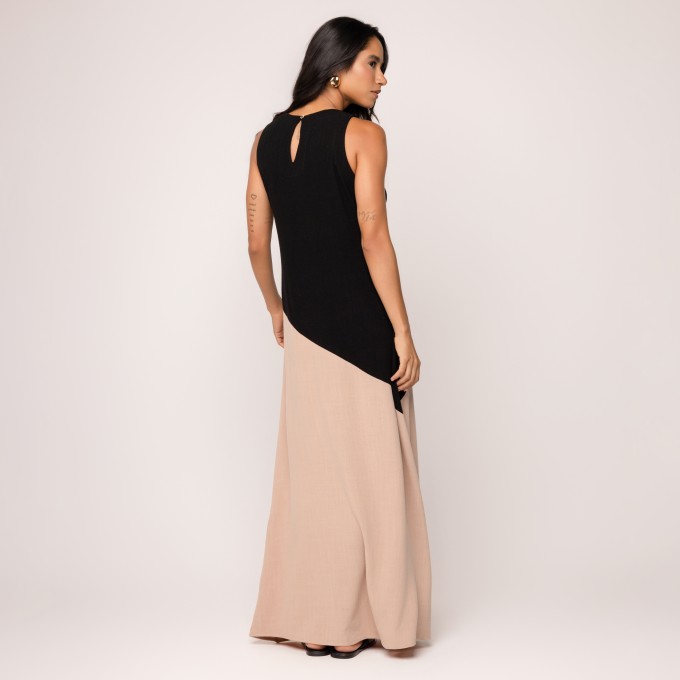 Vestido Bicolor Viscolinho Eva - PretO e Bege