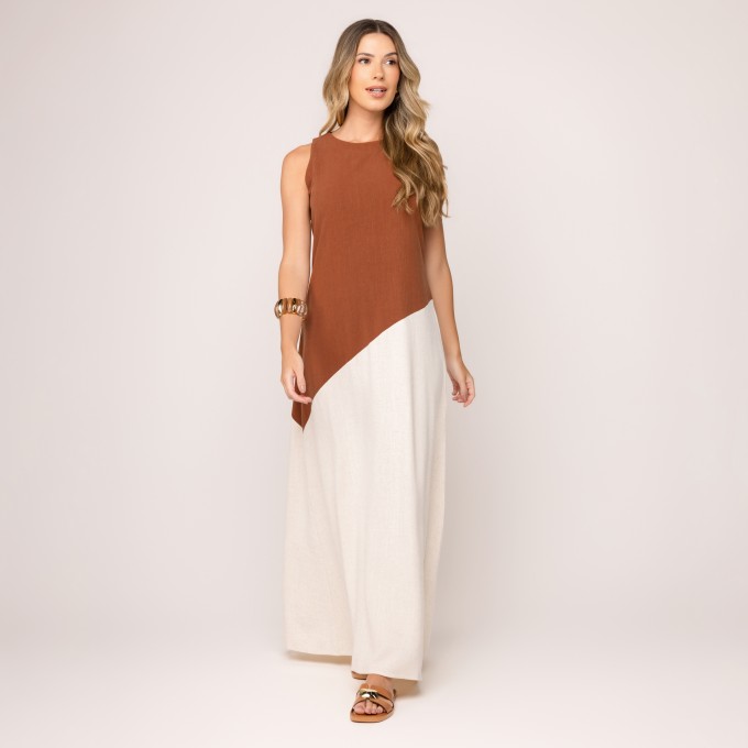 Vestido Bicolor Viscolinho Eva - Marrom e Areia