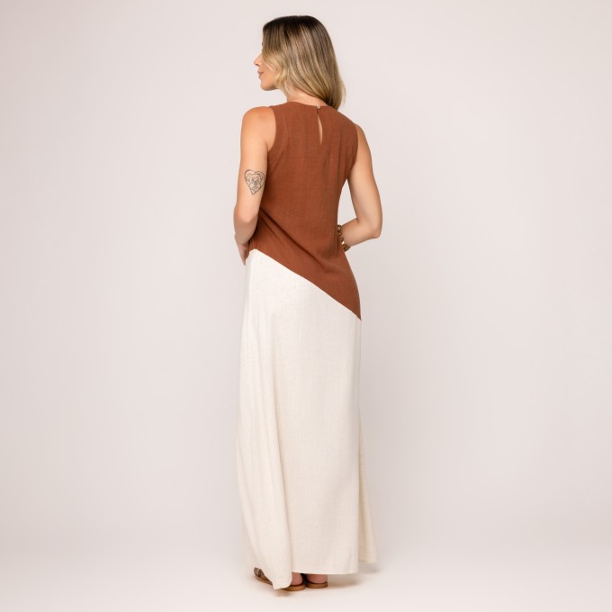 Vestido Bicolor Viscolinho Eva - Marrom e Areia