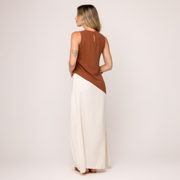 Vestido Bicolor Viscolinho Eva - Marrom e Areia