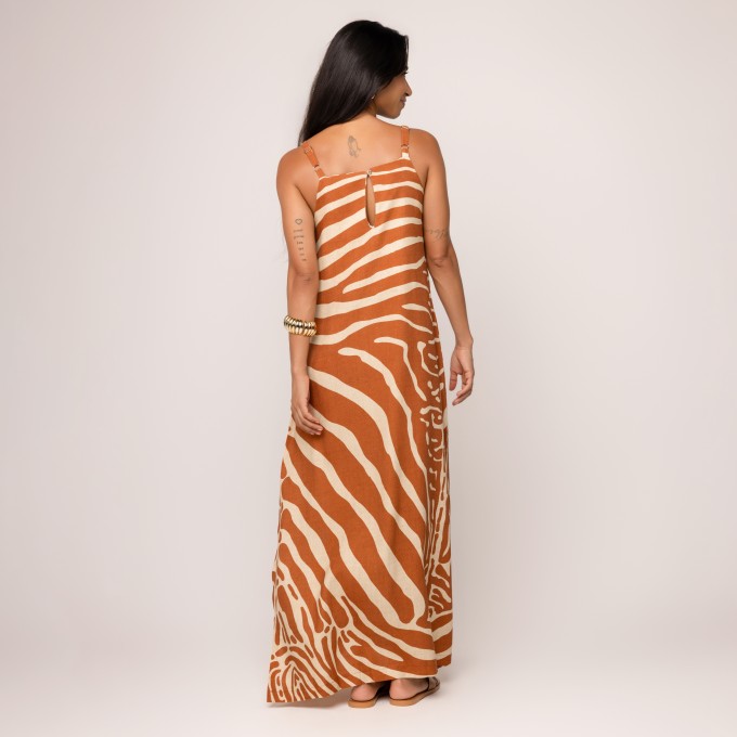Vestido Viscolinho Estampado Monica - Marrom e Bege
