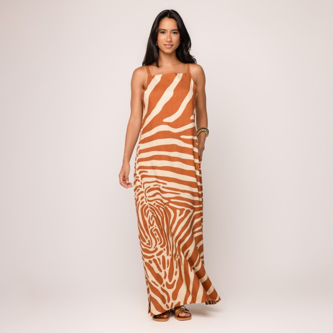 Vestido Viscolinho Estampado Monica - Marrom e Bege