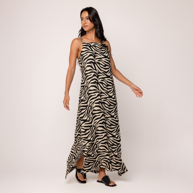 Vestido Viscolinho Estampado Monica - Preto