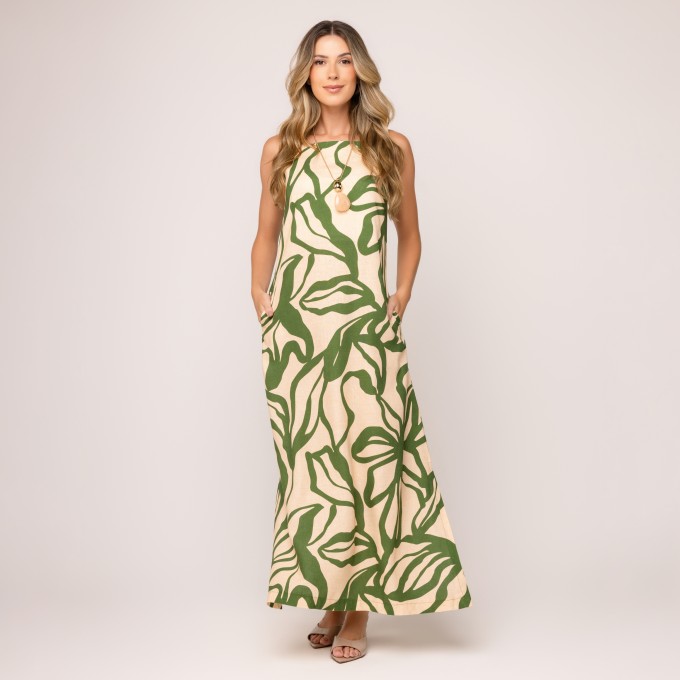 Vestido Viscolinho Estampado Monica - Verde e Bege