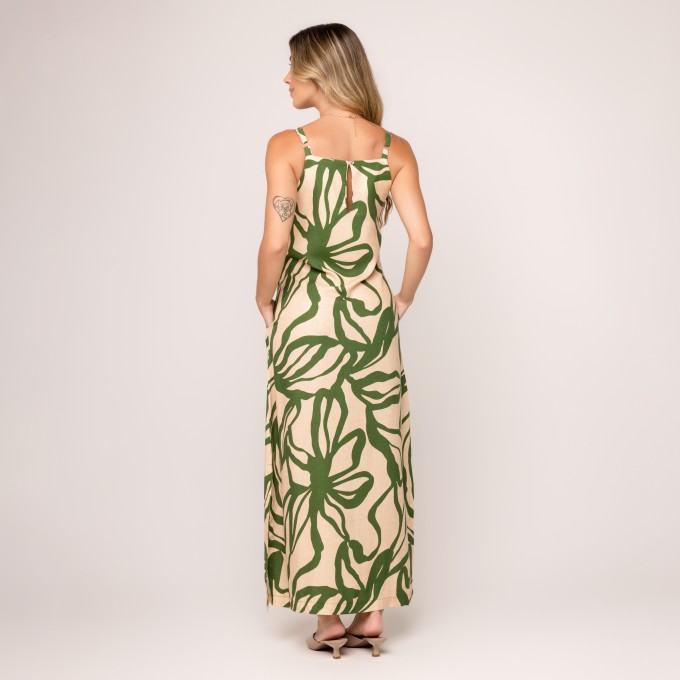 Vestido Viscolinho Estampado Monica - Verde e Bege